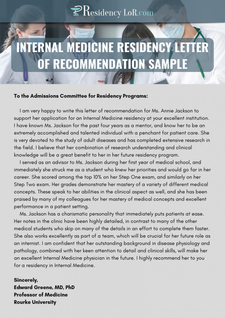 Sample Letter Of Recommendation For Internal Medicine Residency